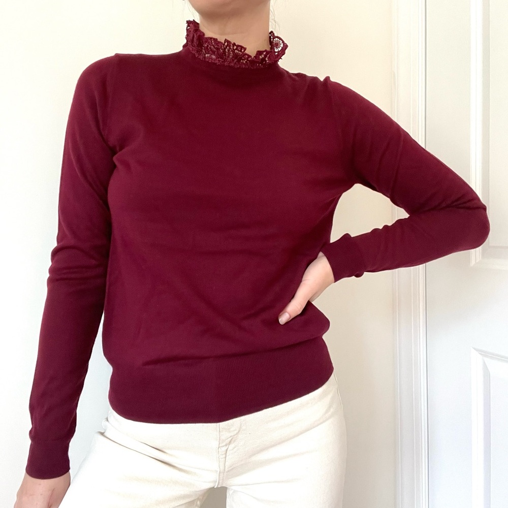 J. Crew Burgundy Lace Mock Neck Sweater